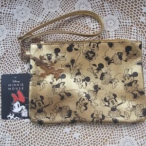 Disney Minnie Mouse Gold Wristlet Pouch With Minnie Mouse Keychain  NWT
